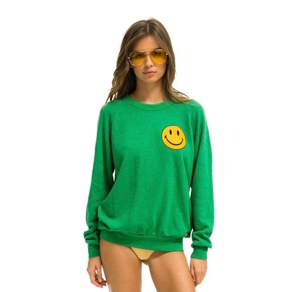 Aviator Nation Green Smiley Face Crewneck Sweatshirt Classic Logo Pullover - Picture 2 of 14